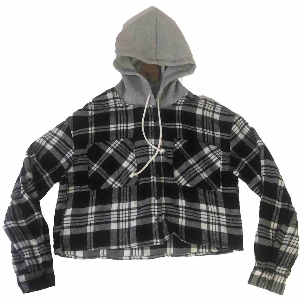 Hippie Rose Black Ivory Plaid Long Sleeve Hoodie Shirt Cropped Size Small NWT